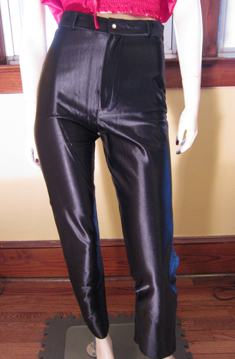 Vintage 80s High Waisted Black Satin Spandex Disco Glam Rocker Pants Sz 9
