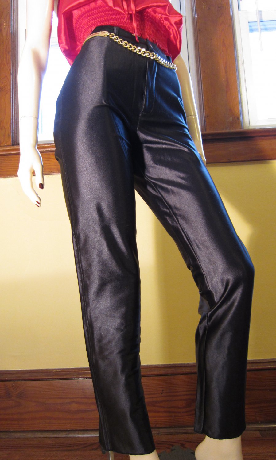 Vintage 80s High Waisted Black Satin Spandex Disco Glam Rocker Pants Sz 9