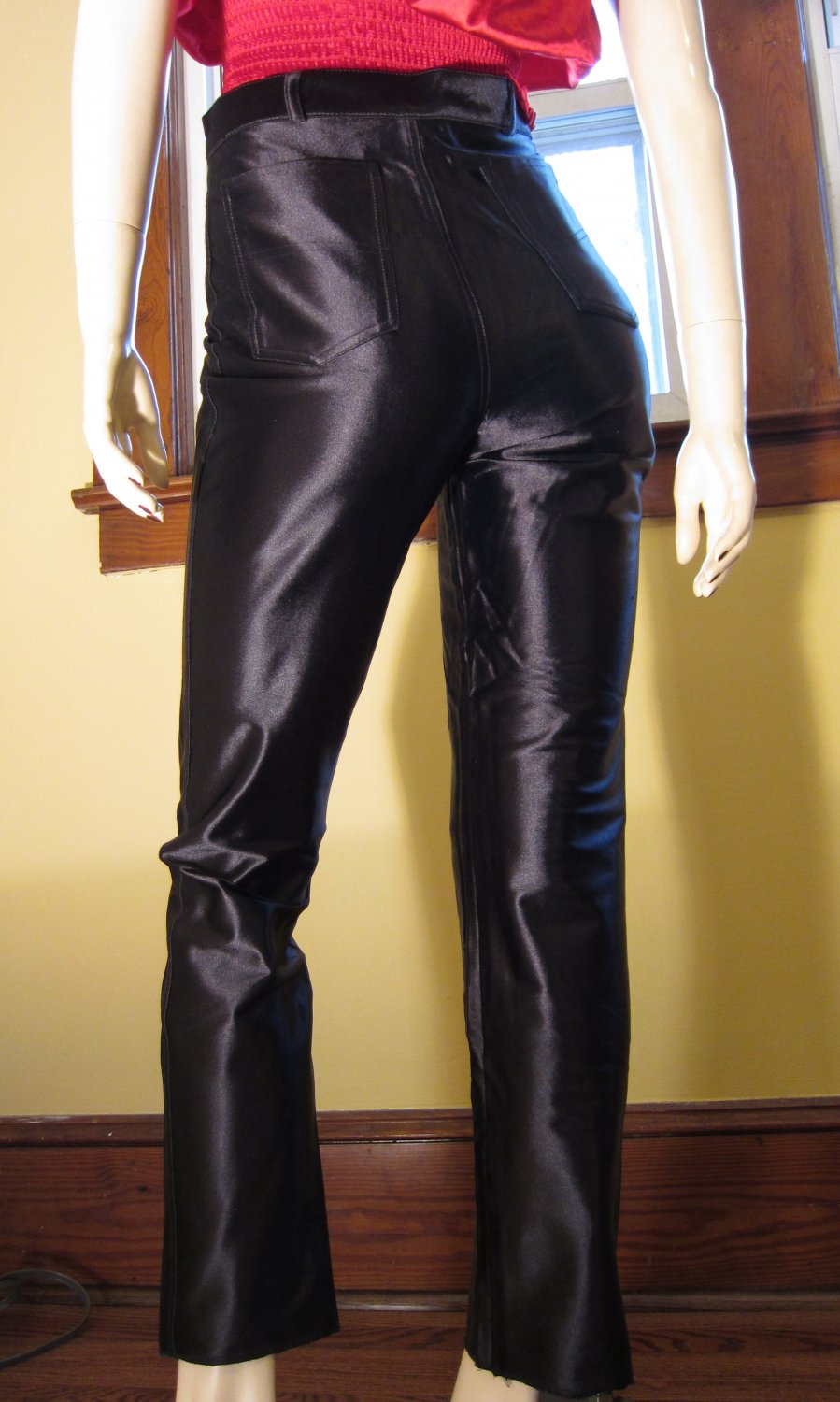 Vintage 80s High Waisted Black Satin Spandex Disco Glam Rocker Pants Sz 9