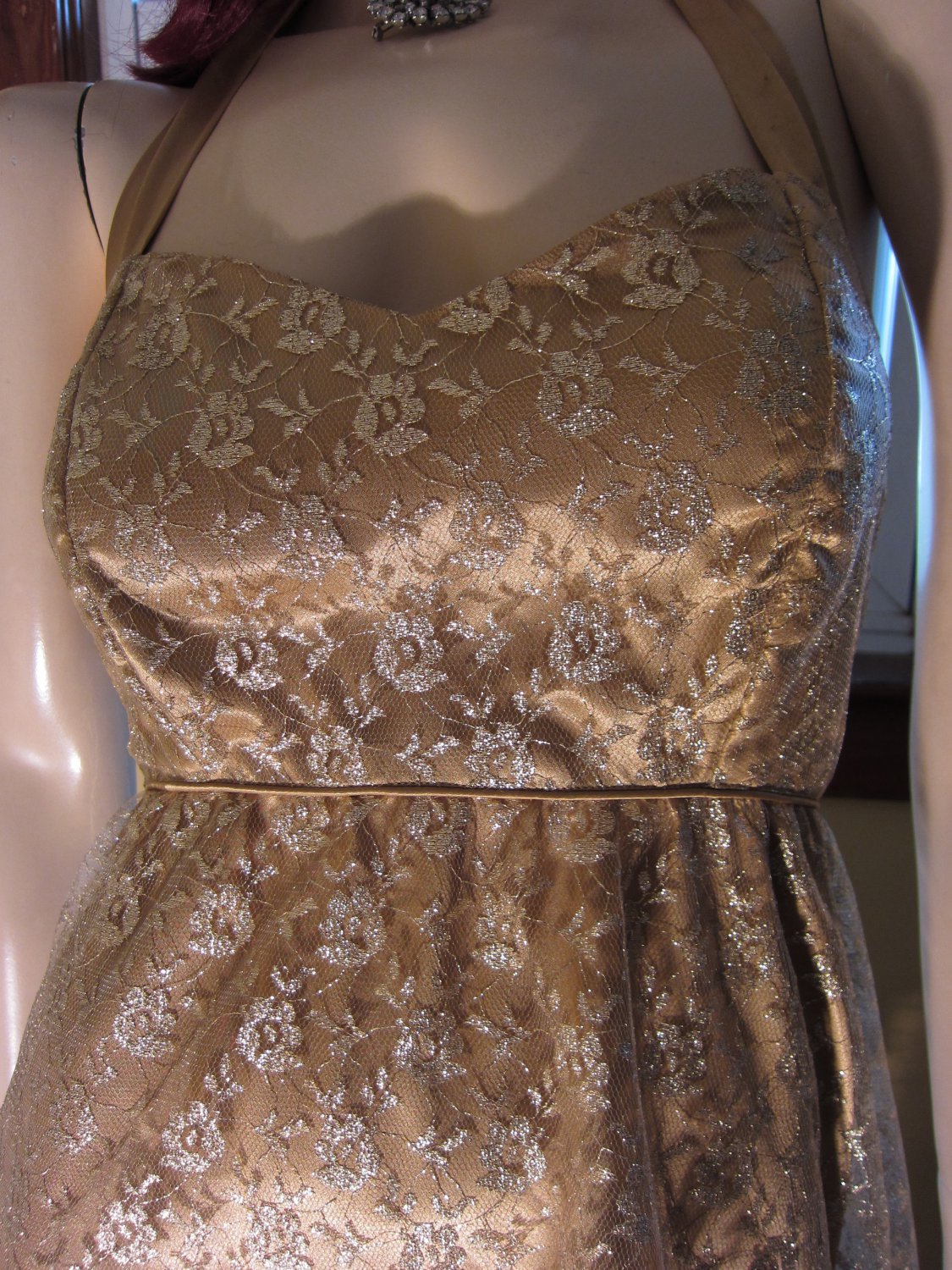 Vintage 60s Gold Glam Goddess Shimmery Chiffon Lace Cocktail Party Halter  Mini Dress Sz. M/L
