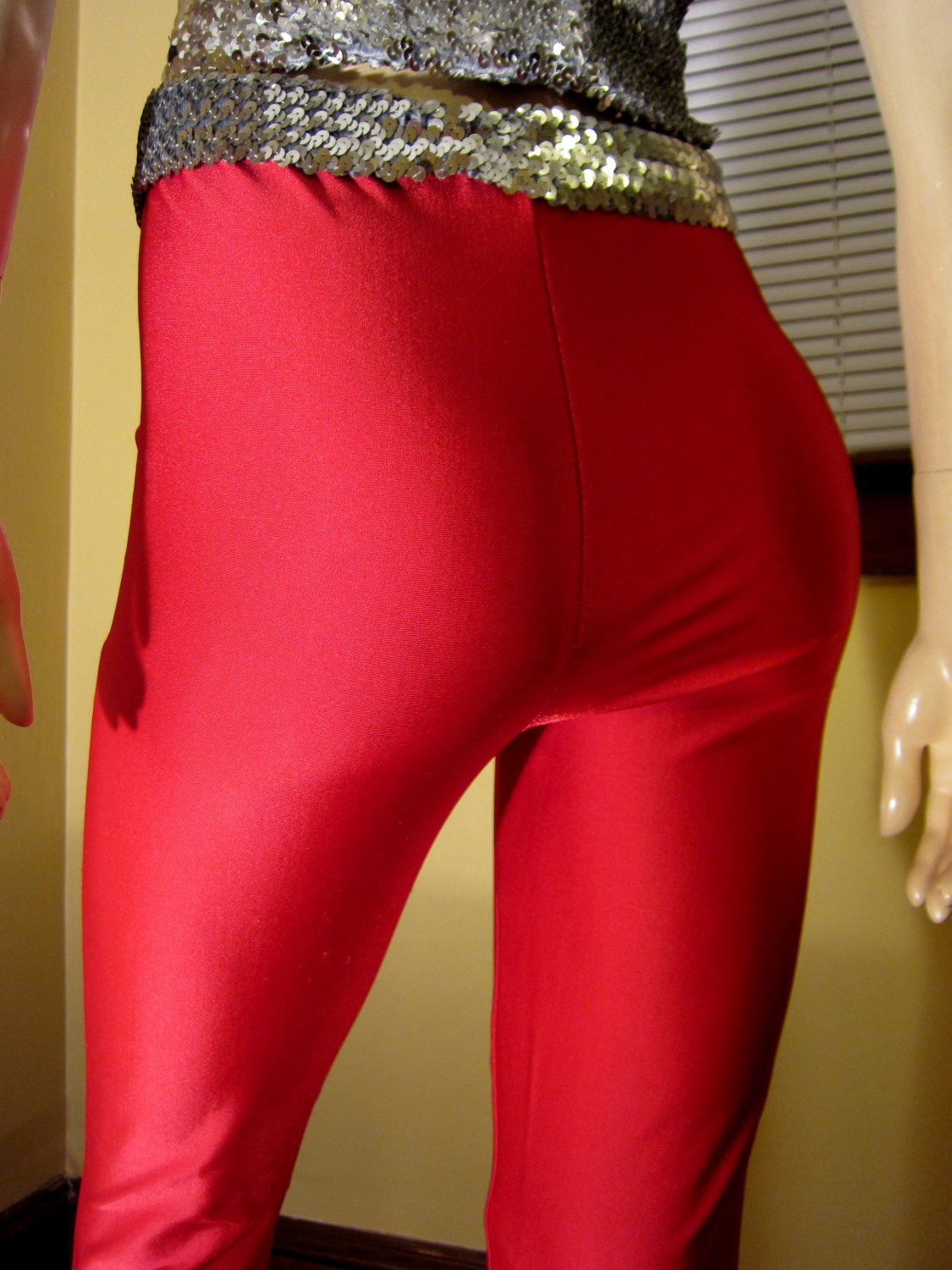Ultimate Disco Diva Vintage 80s Lipstick Red Skinny Spandex Pants Leggings Skin Tight Glam Xl