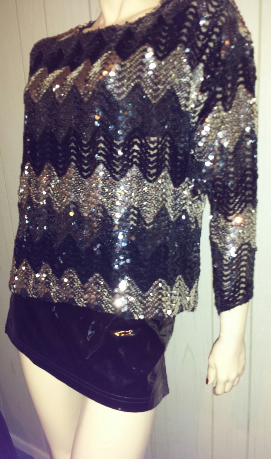 Flashy Diva Glitzy Glam Vintage Sequin Disco Party Sparkle Top M 70s 80s