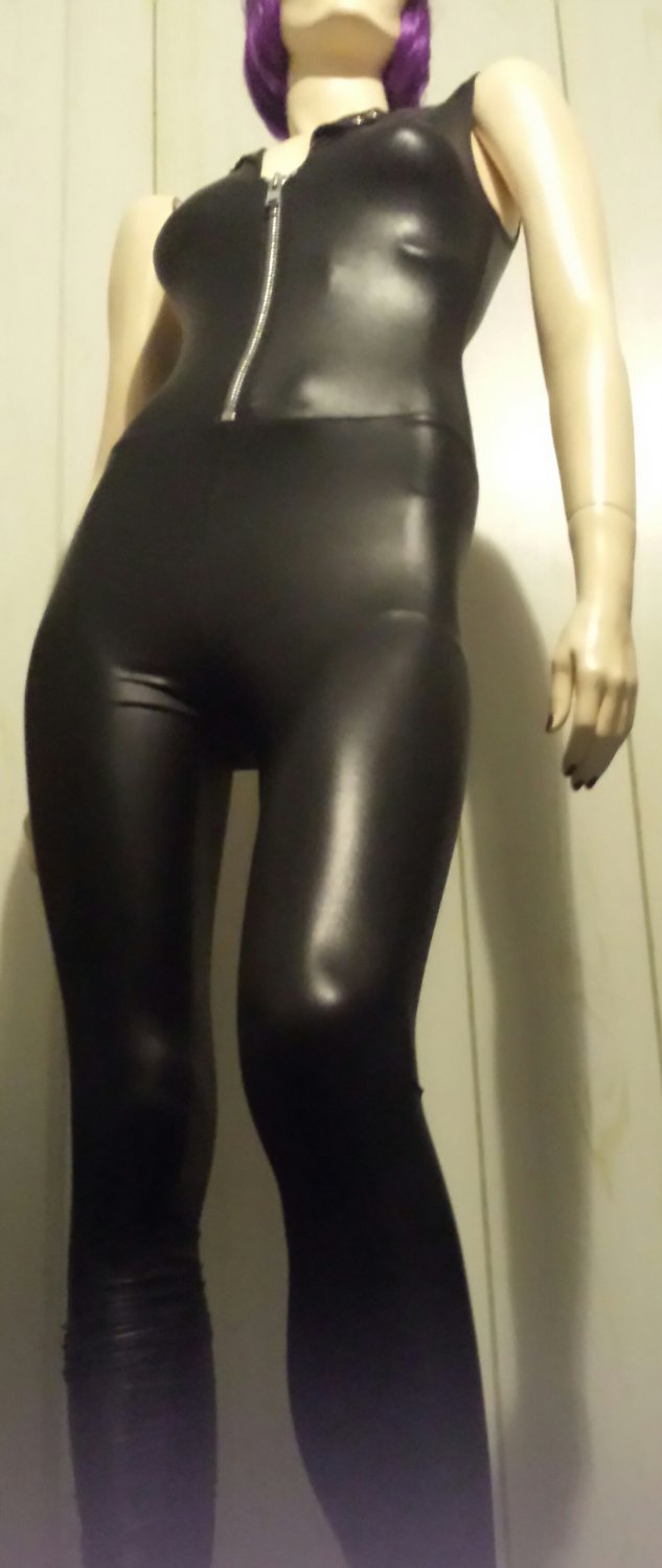 Meow Sexy Leather Look Slick Black Zippered Skinny Skin Tight Catsuit