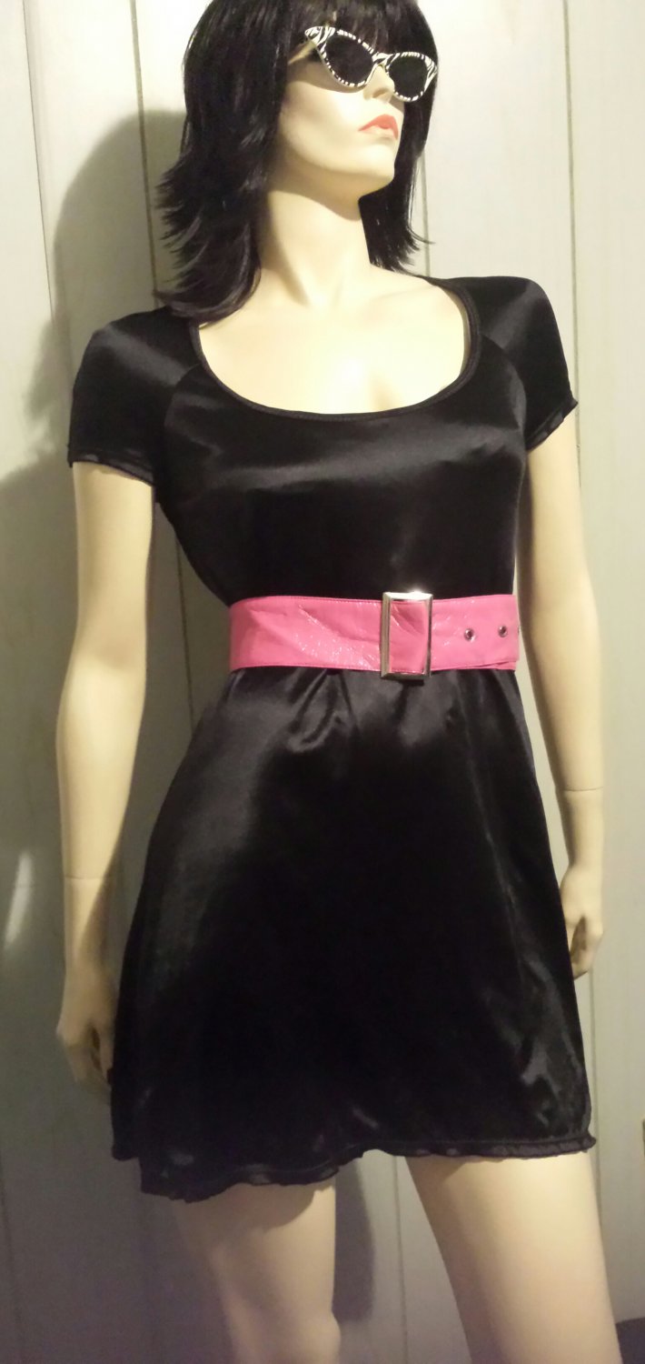 Vintage Betsey Johnson Designer Black Satin Babydoll Mini Dress 80s 90s S.