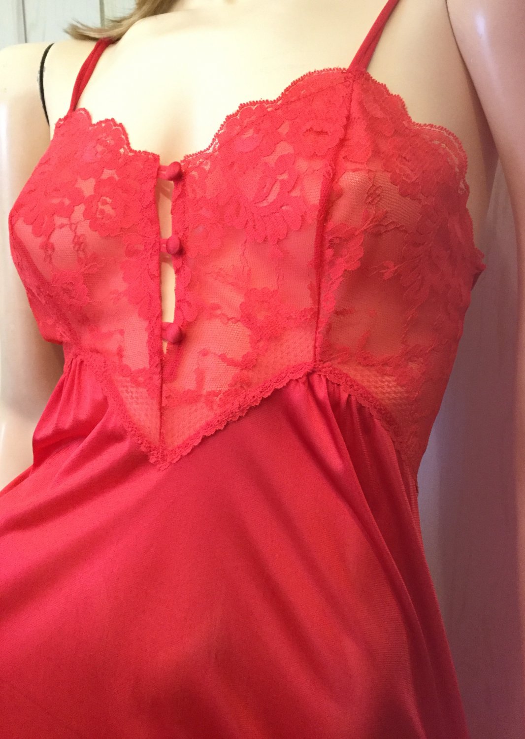 VTG 70s PINUP Red Slinky Nylon Lacy Nightgown w Sheer Sweeping Robe ...