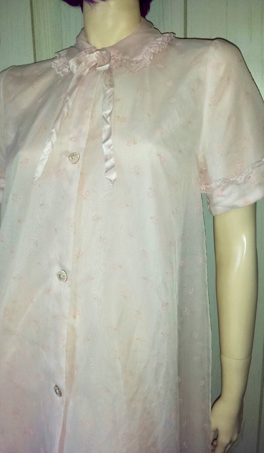 Vintage 50s Glam Pink SHEER Floral Chiffon DBL NYLON Elegant Robe House ...