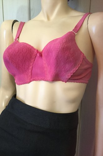 Vintage 70s Lace Overlay Hot Pink Perky Pinup Bra 34/36