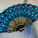 Oriental Inspired Embroidered Black Fabric TURQUOISE Sequins Handheld Foldable Fan Oriental Inspired Embroidered Black Fabric TURQUOISE Sequins Handheld Foldable Fan