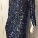 Vintage 1980's FLAME HEM Black Sequin Beaded Silk Party Dress GLAM S/M