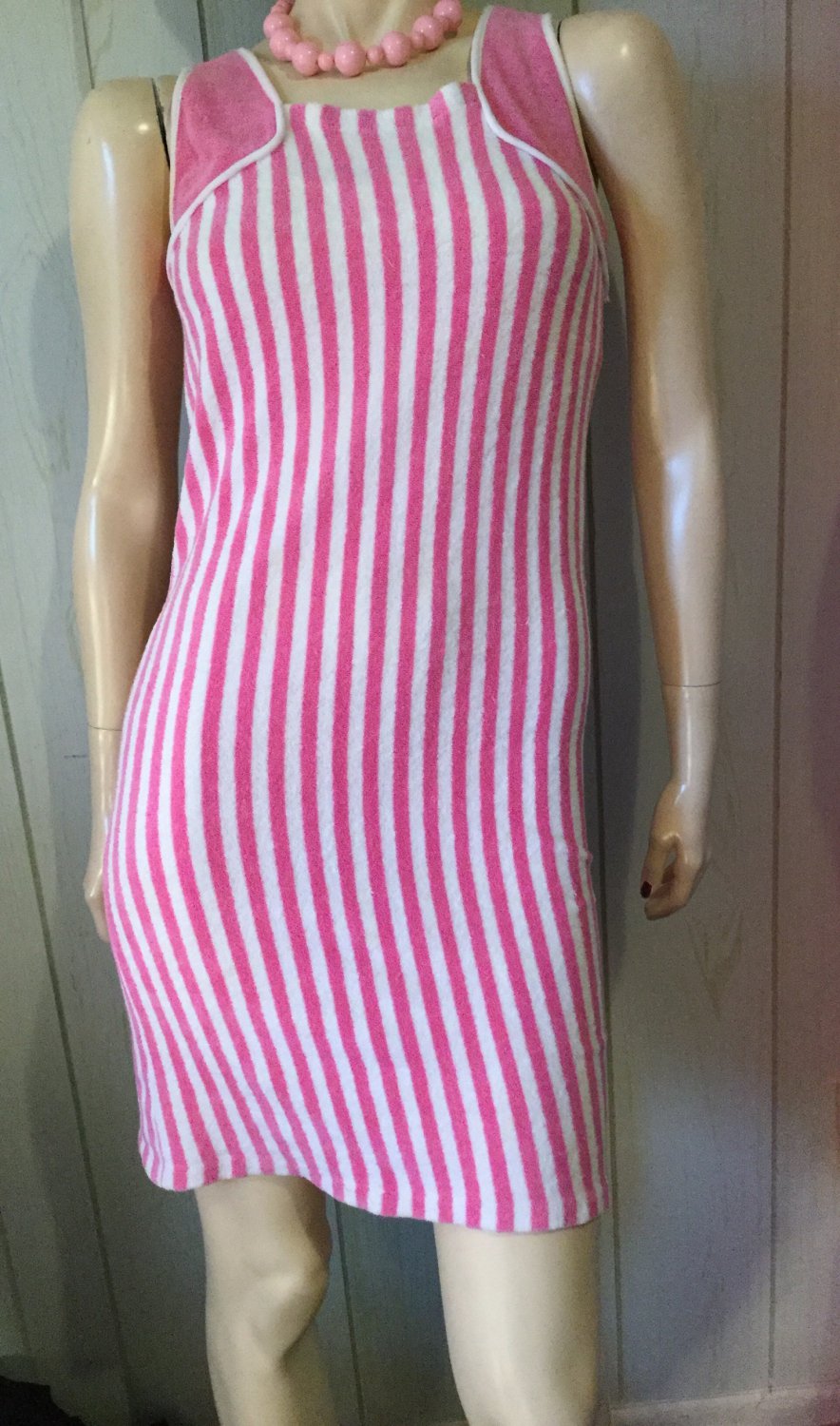 Vintage 70s Groovy Beach Babe Pink Candy Stripes Terry Cloth Sundress ...