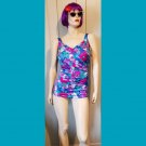 Vintage 70s Beach Bombshell ROXANNE Pin Up One Piece Blue Floral Swimsuit Bathing Suit 16/38D