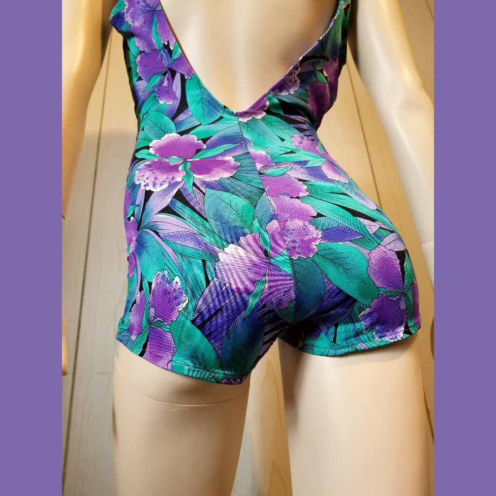 purple floral swimsuit