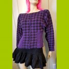 Vintage 80s Glam Punk New Wave Purple Houndstooth Print Batwing Slv Zippered Top Size M