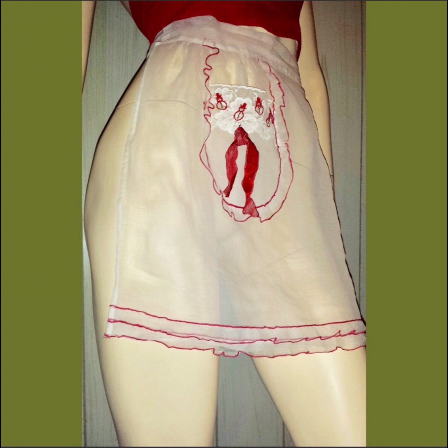 Vintage 50s Housewife Embroidered Snowmen Sheer Snow White Christmas Apron