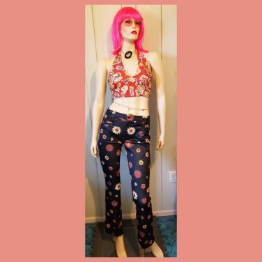 Vintage 90s does 60s Low Rise Flower Power Polyester Hip Hugger Pants SZ S/XS