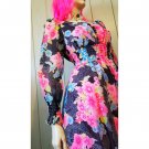 Vintage 70s Psychedelic MOD Neon Flower-Power Chiffon Maxi Dress Gown S
