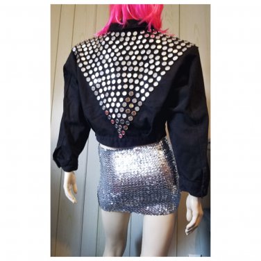 Ultimate Vintage 80s PUNK Atomic Space Age MOD Black Denim Jacket Studded with Mirrors wOw!