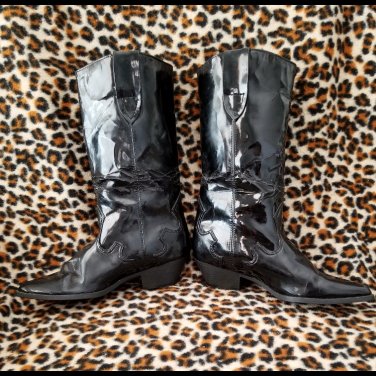 TRASHED DESTROYED VTG 80s CHILIS Rockabilly Punk Cowgirl Black PVC Cowboy Boots Sz 8