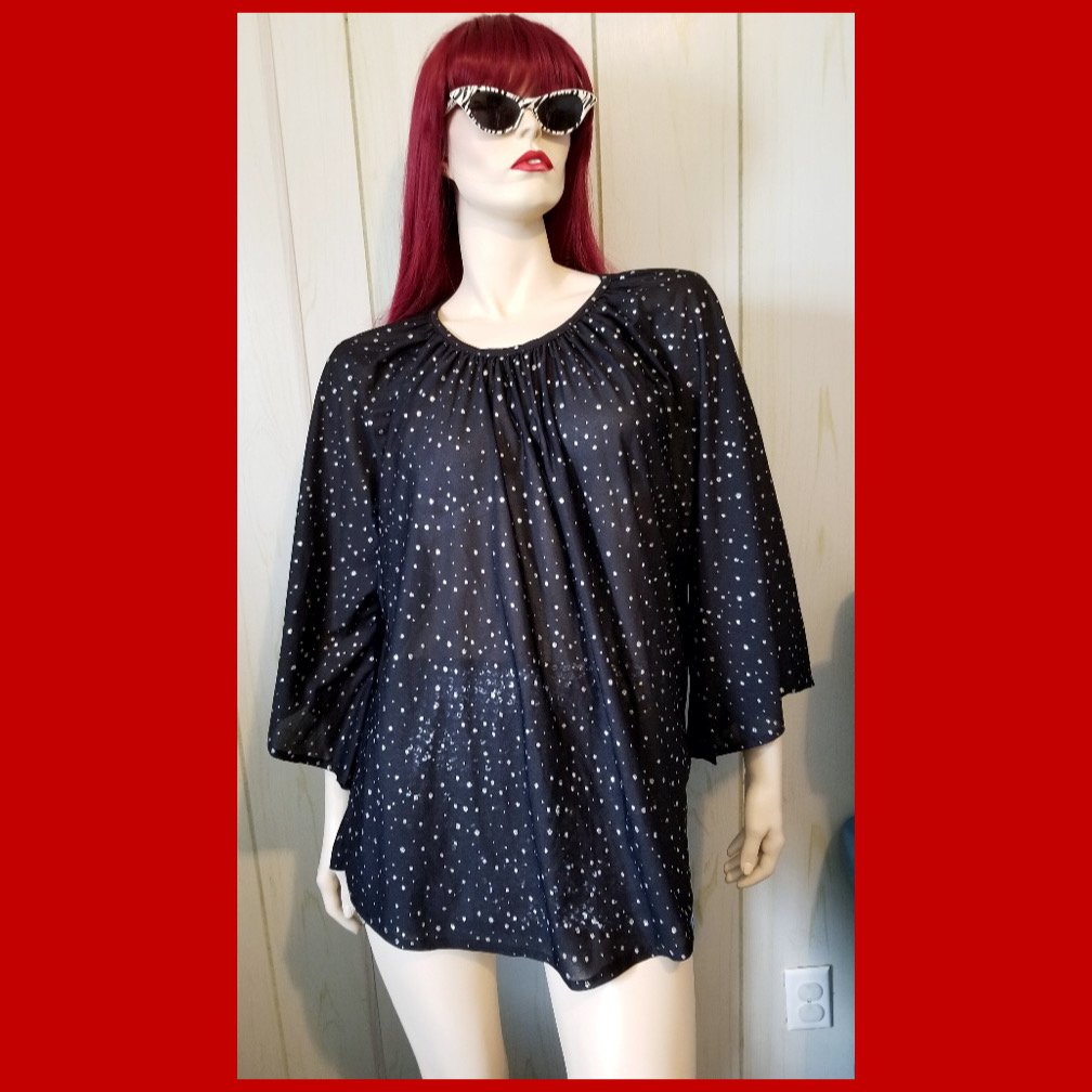 Vintage 70s Goth BatGirl Black w/Silver Glitter Polka Dots Batwing