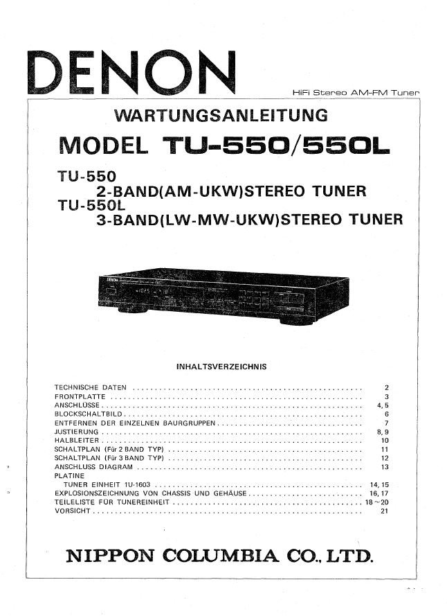 Denon TU-550 ,TU-550L German Stereo Tuner Service Manual PDF (SBTDN1303)