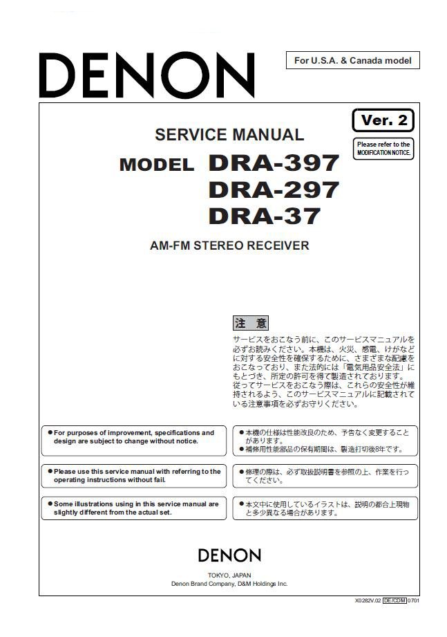 Denon DRA-397 ,DRA-297 ,DRA-37 Ver.2 Receiver Service Manual PDF