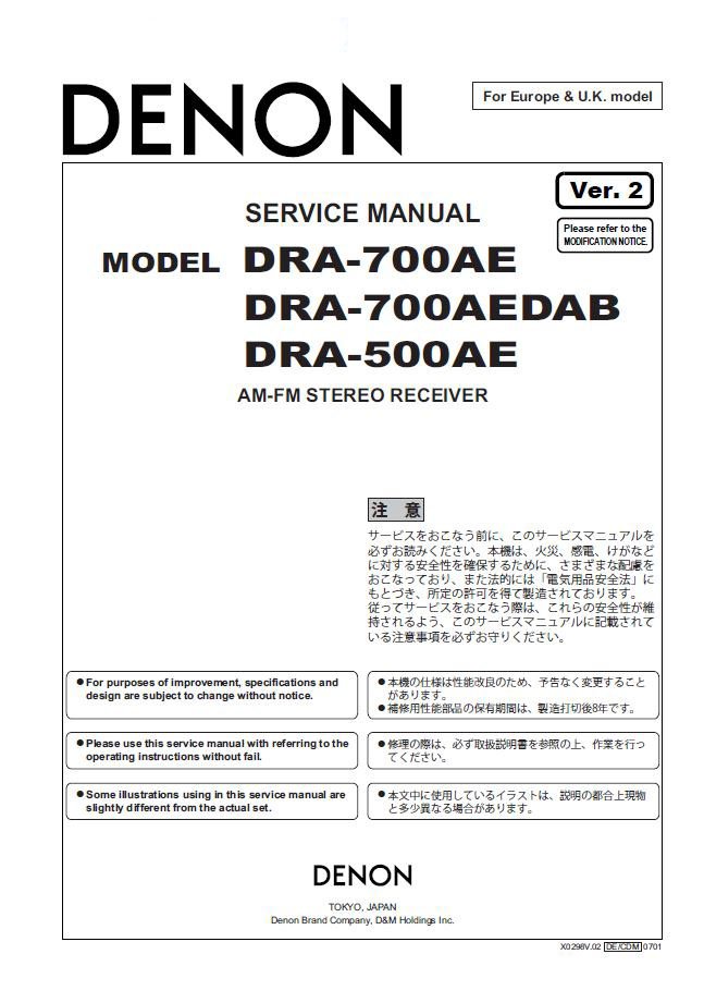 Denon DRA-700AE ,DRA-700AEDAB ,DRA-500AE Ver.2 Receiver Service Manual PDF (SBTDN1329)
