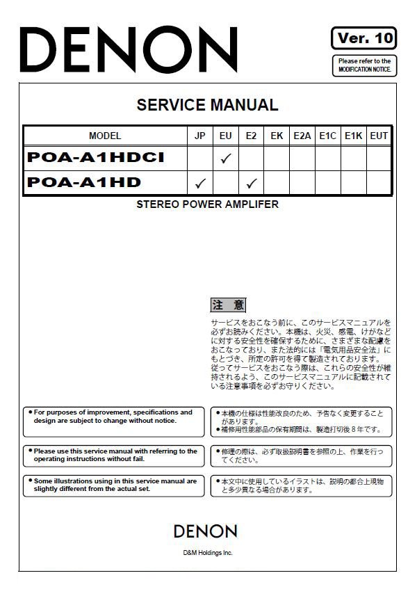 Denon POA-A1HDCI ,POA-A1HD Ver.10 Surround Receiver Service Manual PDF
