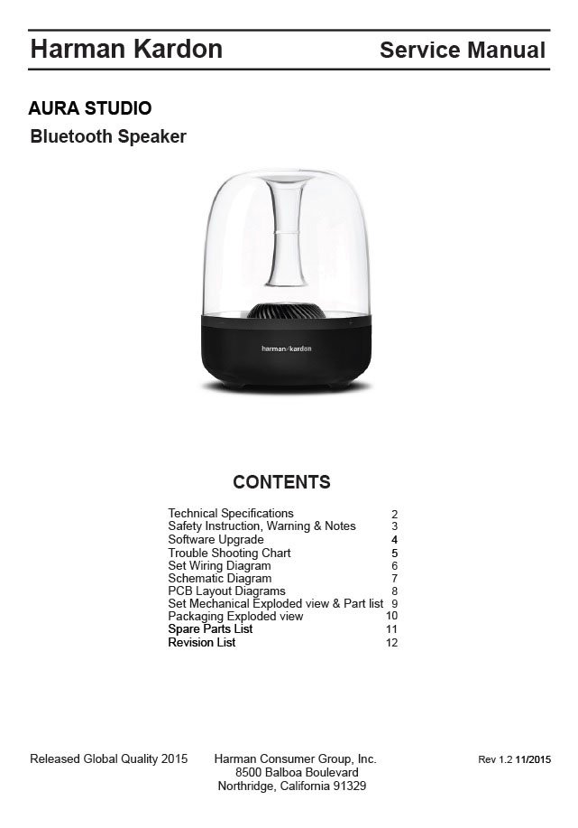 Harman/Kardon Aura Studio Rev.1.2 Bluetooth Speaker Service Manual PDF