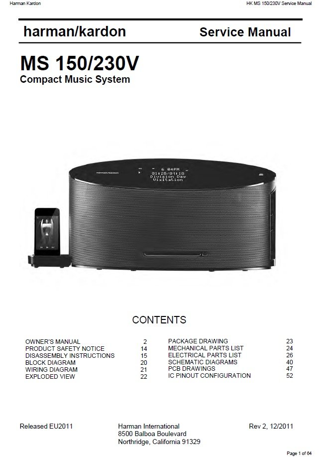 HarmanKardon MS-150 Rev.2 Compact Music System Service Manual PDF (SBTHK5756)