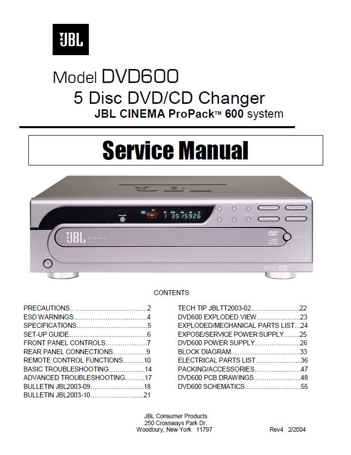 JBL DVD-600 DVD/CD Player Service Manual PDF (SBTJBL4301)