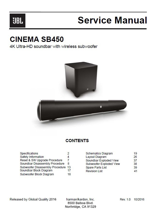 JBL Cinema SB450 Rev.1.0 HD Soundbar with Wireless Subwoofer Service Manual PDF