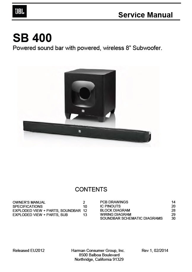 JBL SB400 Rev.1 Soundbar with Wireless Subwoofer Service Manual PDF (SBTJBL4445)