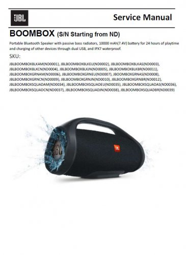 forbrydelse Hotel Post JBL Boombox ( SN starting from ND ) Ver.1.0 Bluetooth Speaker Service  Manual PDF (SBTJBL4254)