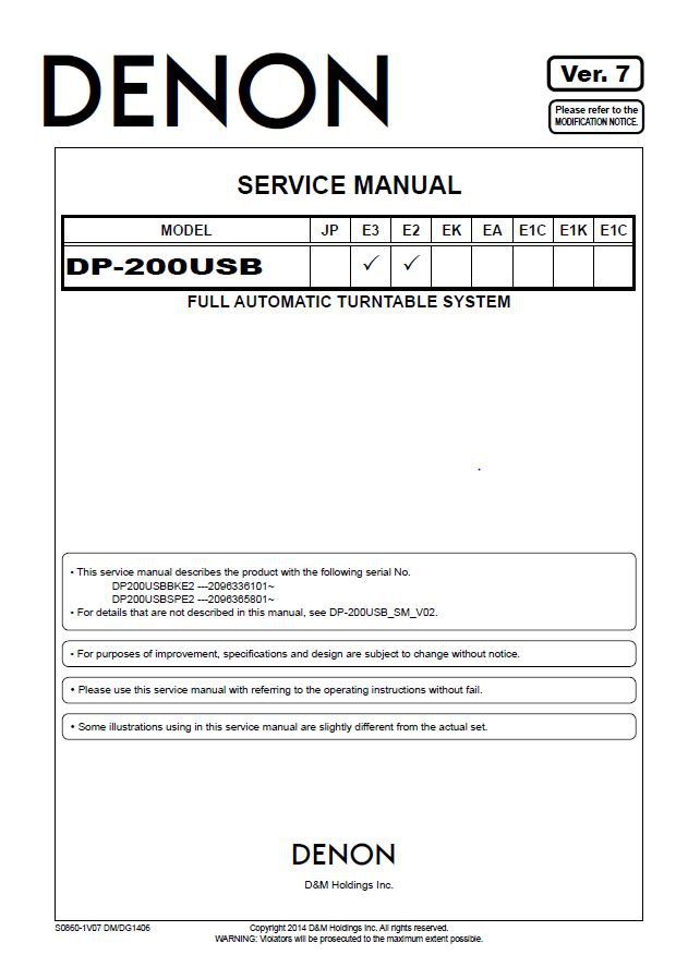 Denon DP-200USB Ver.7 Service Manual PDF (SBTDN2203)