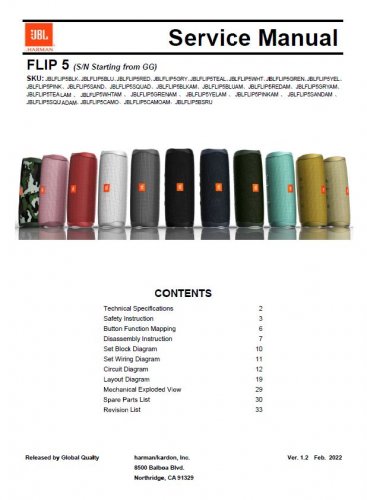 JBL Flip 5 (SN starting from GG) Ver.1.2 Service Manual PDF (SBTJBL4592)
