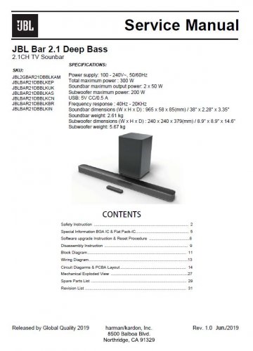JBL Bar 2.1 Deep Bass Rev.1.0 Service Manual PDF (SBTJBL4583)