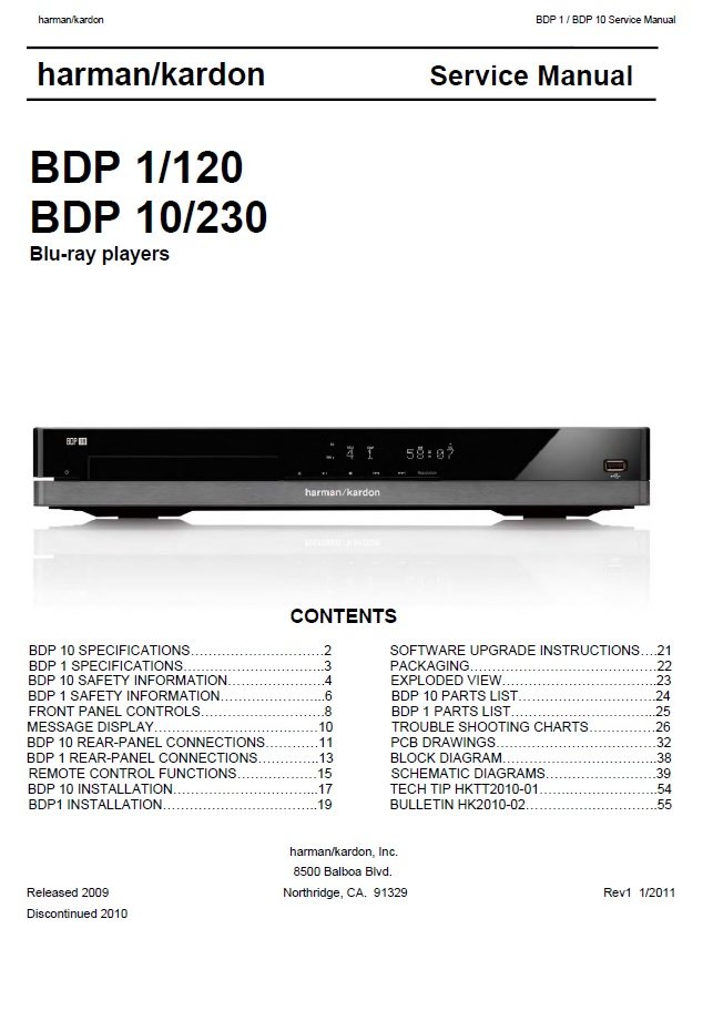 HarmanKardon BDP-1, BDP-10 Rev.1 Service Manual PDF (SBTHK5698)
