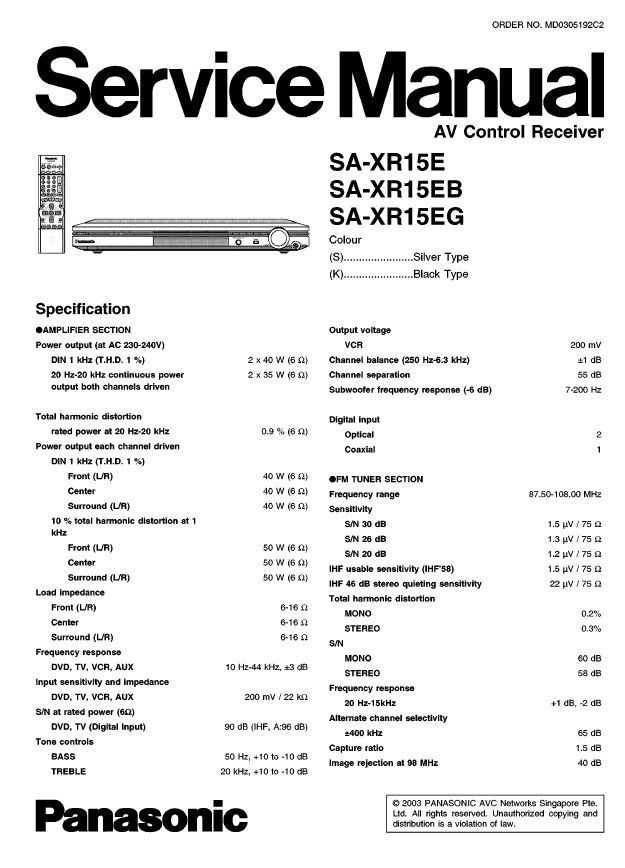 Panasonic SA-XR15E, SA-XR15EB, SA-XR15EG Service Manual PDF (SBTPNSC2670)