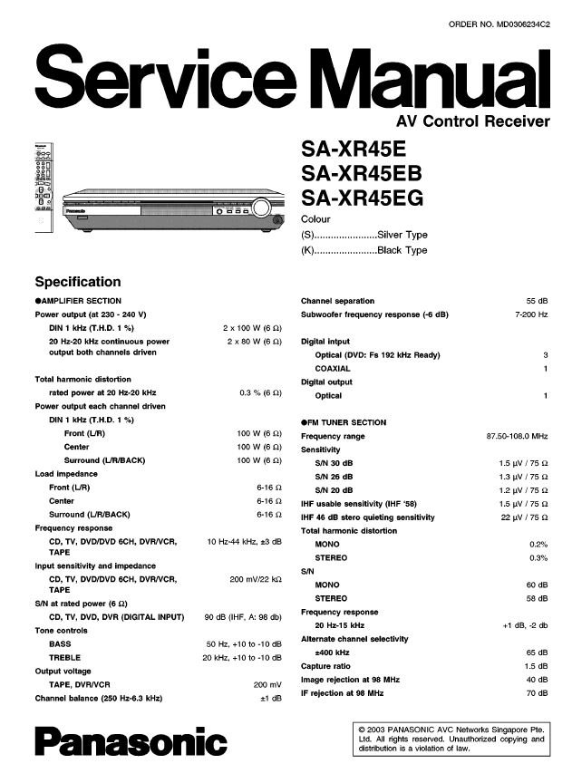 Panasonic SA-XR45E, SA-XR45EB, SA-XR45EG Service Manual PDF (SBTPNSC2673)