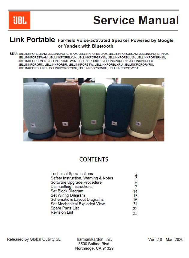 JBL Link Portable Ver.2.0 Service Manual PDF SBTJBL4597