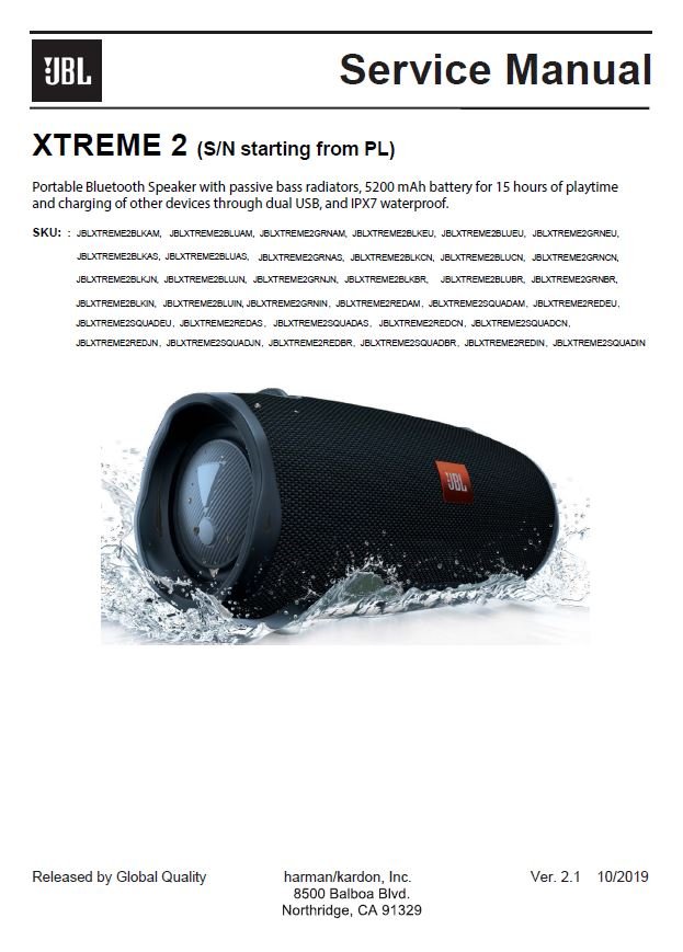 JBL Xtreme 2 (SN starting from PL) Ver.2.1 Service Manual PDF SBTJBL4623