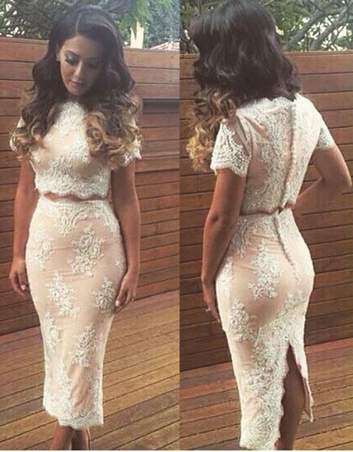 Sexy Women Sexy Nude Lace Scalloped Two Piece Set Party Dress W850334