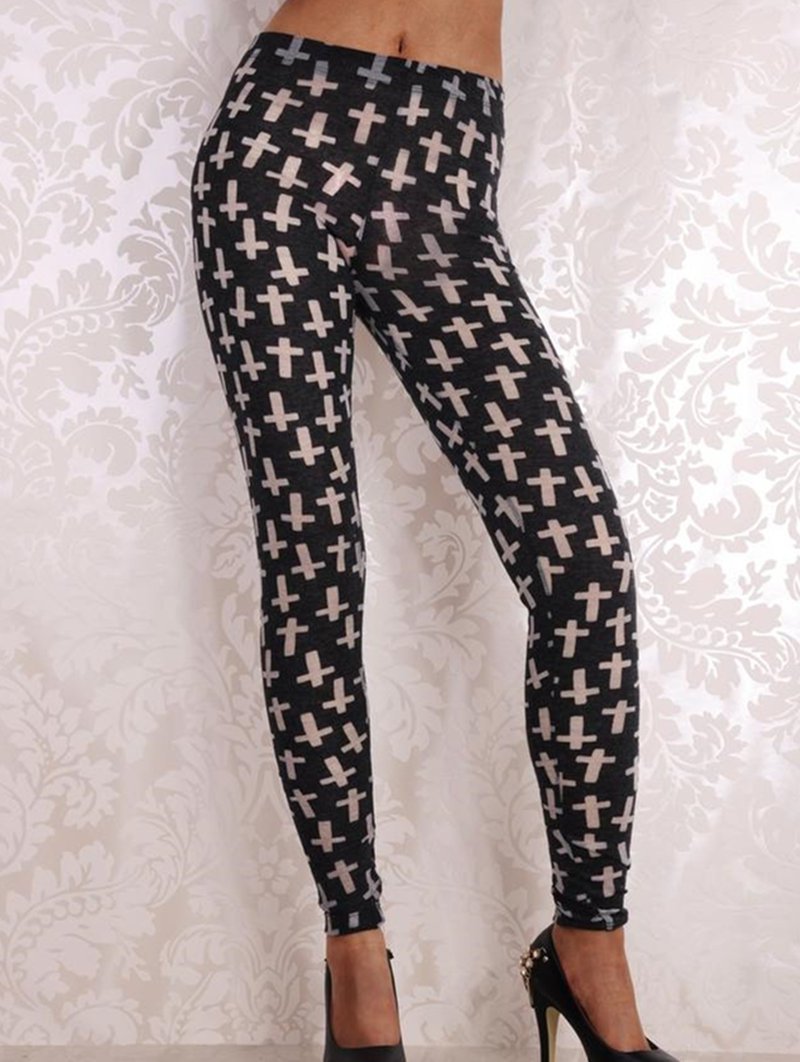 Women Mid Waist Black Cross Pants Ankle-Length Print Leggings wl046
