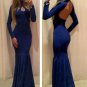Floor Length Black Deep Blue Evening Dress Long Sleeve Halter Backless Prom Dress