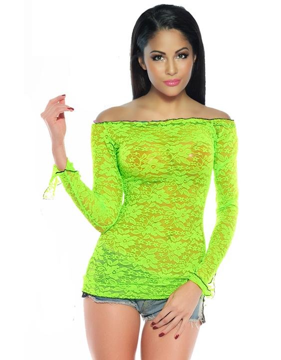 Fashion Long Sleeve Off-shoulder Woman Sexy Sheer Lace Shirt in Neon Green W846091B