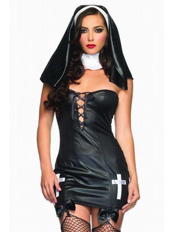 Saintly Sinner Halloween Fancy Dress Black Sexy Faux Leather Lace-up Nun Costume