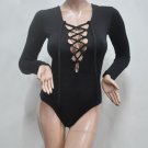 Hot Black Bodysuit Woman Onesies Sexy Lace Up Long Sleeve Criss-cross Jumpsuit W860302C