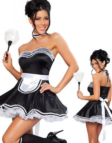 Halloween CosPlay Outfit Black Ruffle Hem Off-shoulder Fifi French Maid Fancy Dress Costume