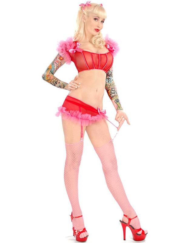 Red Sexy Christmas Mesh Fashion Santa Costume Lingerie with Tops and Bottoms W850819