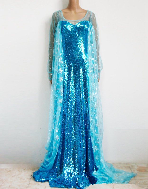 Sexy Halloween Fancy Dress Cartoon Costume Blue Sequins Adult Elsa ...